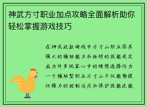 神武方寸职业加点攻略全面解析助你轻松掌握游戏技巧